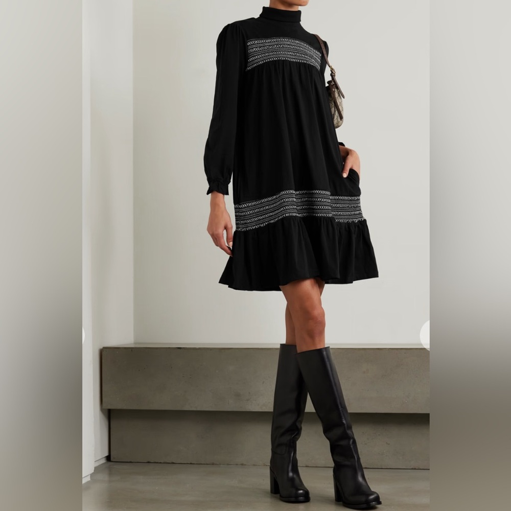 Batsheva Frankie smocked stretch cotton-jersey mini turtleneck dress